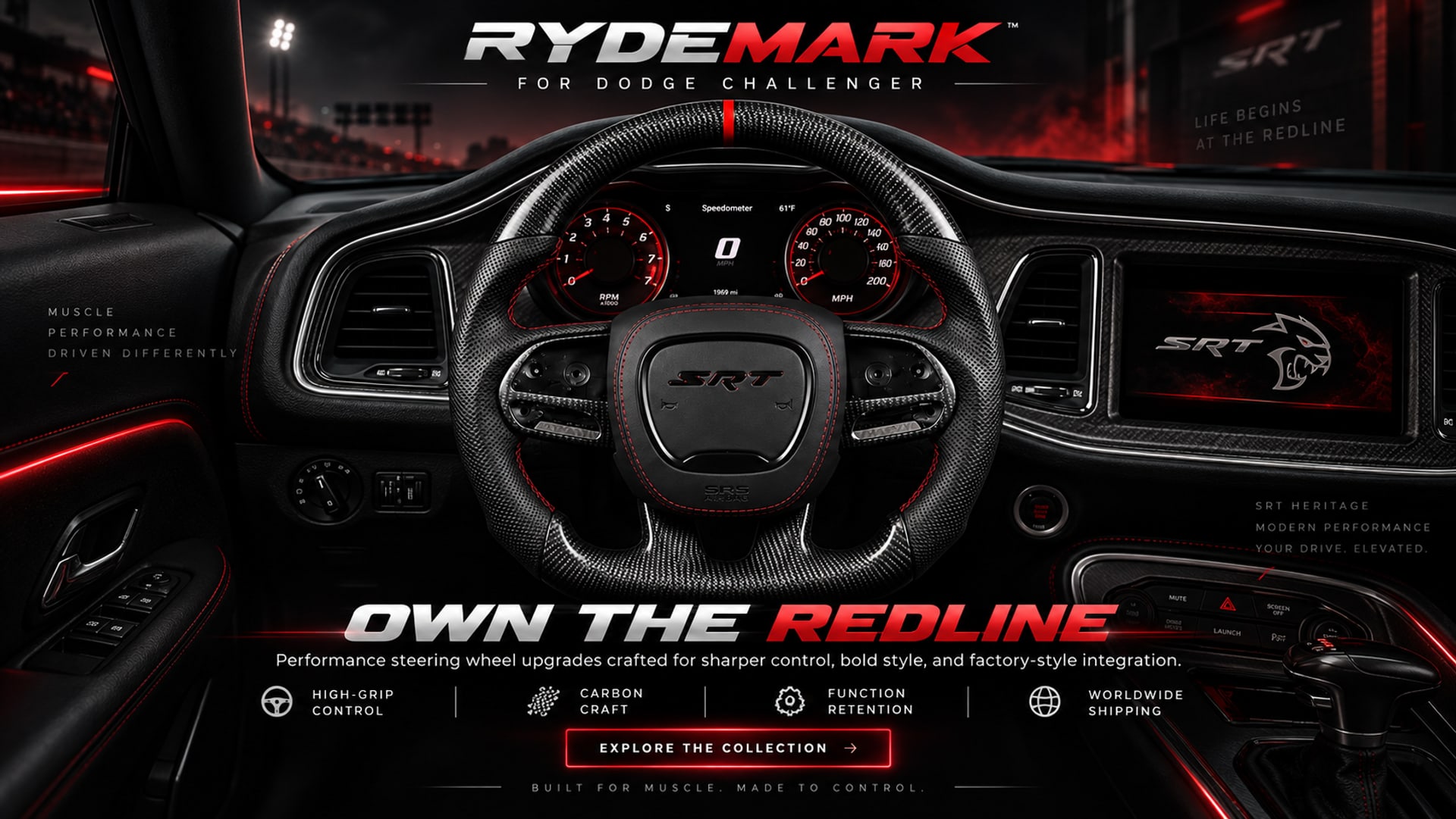 Custom Dodge Challenger SRT carbon fiber steering wheel with red stitching
